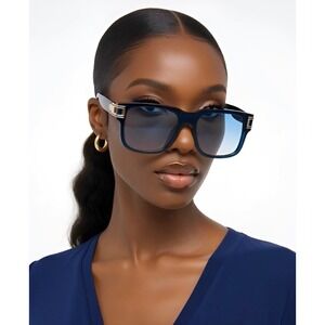 Oversized Square Navy Blue Sunglasses Gold Mesh Temple Blue Gradient Lens Women